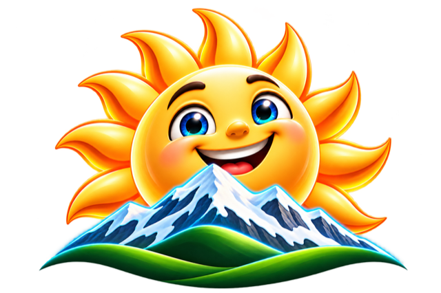 Utah Snow and Landscape — smiling sun over snowy mountains and green hills